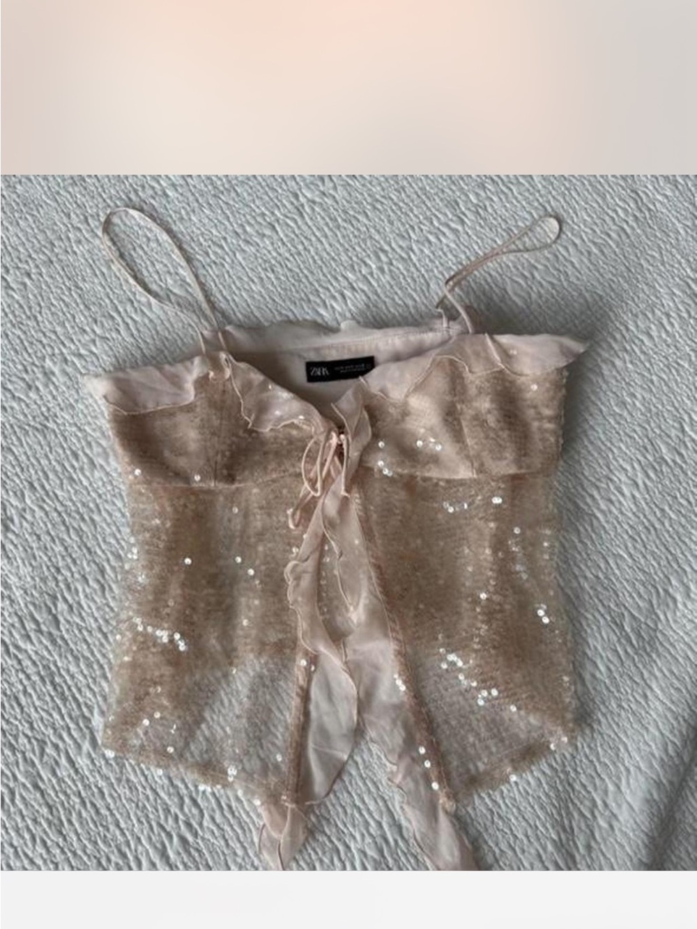 NEW ZARA pink silver sequin ruffle cami with tie front - Picture 2 of 3